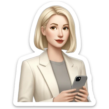 pale skin woman with ash blonde Straightened bob Hair, White Spacious classical jacket, beige palazzo Arrow pants and gray blouse holding white IPhone 15 pro in the hands sticker
