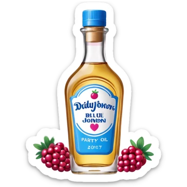 bottle of oil blue top pink outside with logo that says Diddy Party oil Johnson and Johnson  brand with a smiling berry on top sticker