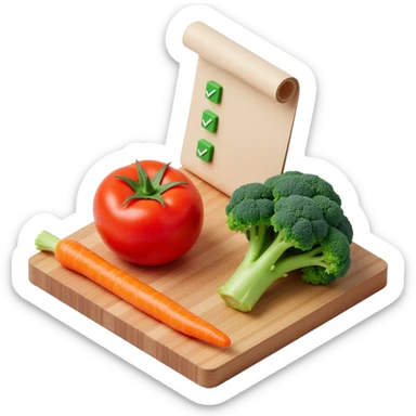 carrot tomato brocoli on the wooden cutting board with floating rolled paper list with green checkboxes sticker