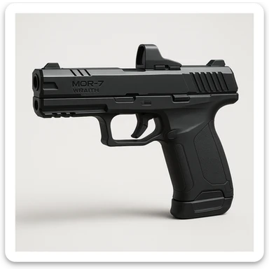 photorealistic hyper-realistic 3D render of a compact futuristic semi-automatic handgun named MCR-7 Wraith, sleek matte-black finish, angular slide cuts, low-profile integrated reflex sight, polymer frame with subtle texturing, ergonomic grip, slightly extended barrel with built-in compensator and side vent ports, minimal external controls, magnetic slide lock, smooth futuristic magazine well, smart sensor panels near trigger guard, neutral side view on clean white or grey background, soft shadow under the gun, modern tactical sci-fi style sticker