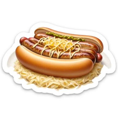 Bratwurst Cinematic Realistic Bratwurst Dish Emoji, depicted as a grilled bratwurst topped with a generous serving of shredded sauerkraut, rendered with rich textures and dynamic, appetizing lighting. sticker