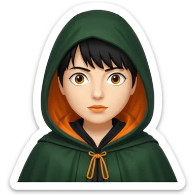 traitor tv show, person wearing dark green cloak with hood up who looks like claudia winkleman orange skin tone and thick black fringe no orange on the cloak  sticker