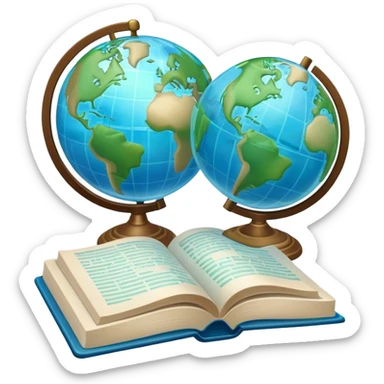 Create an emoji representing language translation. The design should feature just one globe in the background, symbolizing international communication. In front of the globe, place two opened books with texts on them and a pen nearby to indicate the act of writing. Use a clean and professional color palette with blues, greens, and neutral tones. Make the background transparent. sticker
