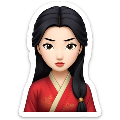 Cinematic Realistic Mulan Portrait, depicted with lifelike skin texture, soft natural lighting, and intricately detailed long black hair styled elegantly. Her deep, expressive eyes exude determination and grace, complemented by a serene yet confident expression. She is dressed in her classic attire, with rich fabric textures and delicate folds that catch the light beautifully. The portrait features a soft, enchanting glow with a natural, radiant finish, capturing the essence of timeless strength and beauty in a realistic and painterly style, evoking a sense of depth and authenticity. sticker