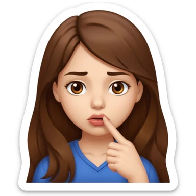 Emoji Fille cheveux long et brun yeux brun avec un doigt dans la bouche que la mains sois plancher vers en bas et que elle regarde comme si elle est coquine  sticker
