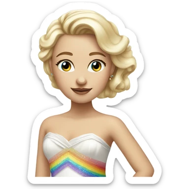 Beautiful blond girl with blue eyes and rainbowed wedding dress sticker