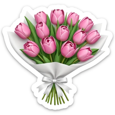 Bouquet of pink flower like tulips and rose and peony wrapped in white paper sticker