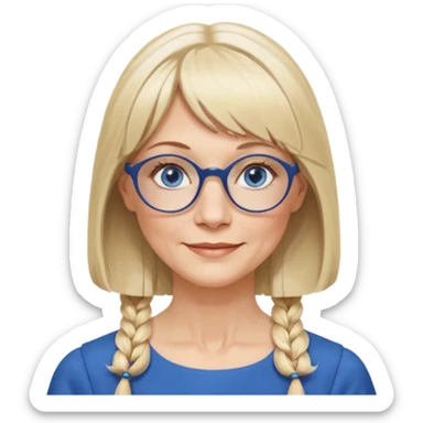 50 yr old white woman, hippie parted very long hair, short bangs, very long straight blond hair, oval face, small smile, blue eyes, thin face, hair downback, hair parted at center of head, round cheeks, pale, longer hair, business dress, long hair, big square glasses, long hair sticker