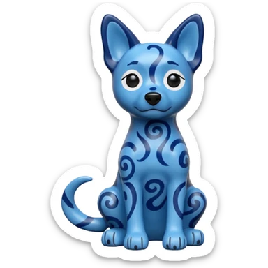 The image is of a small figurine of a blue dog. The dog is sitting on its hind legs with its front paws stretched out in front of it. The body of the dog is covered in a pattern of blue and black swirls, giving it a textured appearance.  sticker