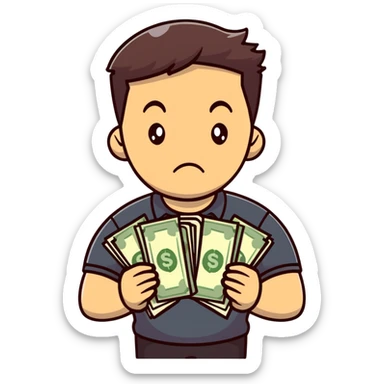 dark brown haired guy with a round face, disappointed expression, holding a stack of cash sticker