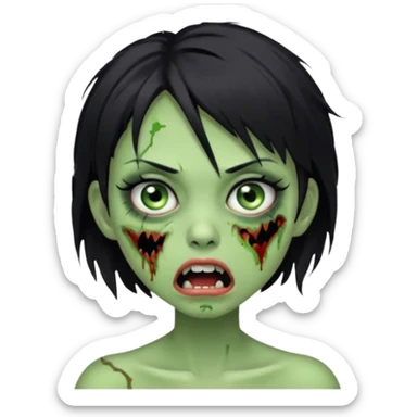 Green zombie girl with messy black short hair with lashes and torn cheek and open mouth  sticker