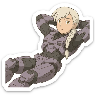 female, wearing reach spartan armor shoulder-unequip, long white braid hair with massive messy front side single bangs, gold yellow eyes, attention pose, HALO:series, no helmet, the armor is lavender color scheme, laying back and relaxing flat on the ground sticker