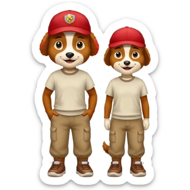a dog with cap and t-shirt and pants and shoes sticker