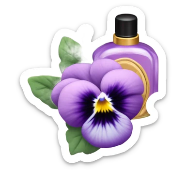 composition of aesthetically pleasing purple pansies, pastel pink daisies and a rosy vintage-style perfume bottle sticker