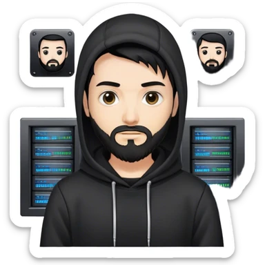 hackeur blanc cheveux noir barbe et capuche noir à côté d'un server ia sticker