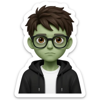 zombie boy with white tshirt and black brownish hair and with black glasses frames on hair is texturized young boy and round face more green face and dark brown eyes black y2k hoodie with the white t-shirt under it sticker