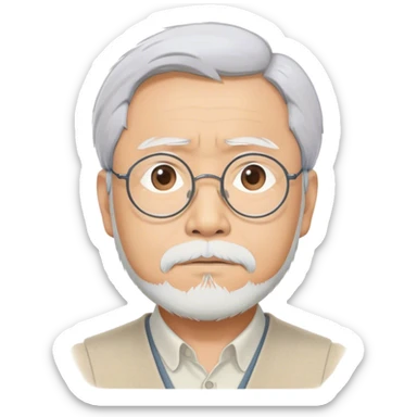 Cinematic Realistic Hayao Miyazaki Portrait Emoji, depicted as a visionary filmmaker with a gentle imaginative expression and artistic flair, rendered with delicate textures and soft enchanting lighting that captures his legendary storytelling. sticker