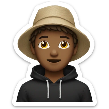 boy with brown hair and a beach Bucket Hat with a black sweater sticker
