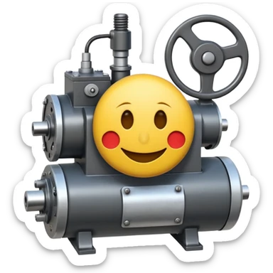 Industrial mechanical motor with a smiley face, emoji for the new electric music genre Motor breaks must be friendly and sellable must be small but clear child friendly, ready to use as a logo, motor synth make sure it's not Cold sticker