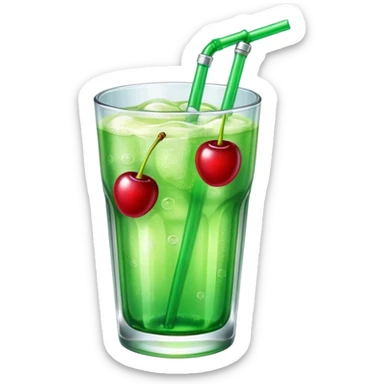 Create an emoji with a clear rounded glass, bright transparent green soda with fine bubbles, a smooth vanilla scoop, a glossy red cherry, using vibrant colors, soft shading, and clear glass highlights.
 sticker