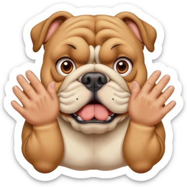British bulldog dog with hands out in front of face in a surprised pose sticker