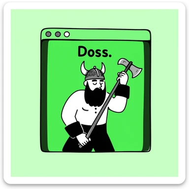 Black and green MS-DOS style window with the prompt 'Doss', containing a bearded viking in ASCII art inside the window sticker