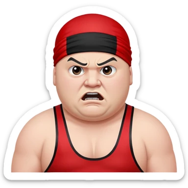 Close-up of white skin fat guy with prominent black durag, completely shaved face, no beard or mustache, black eyes in a red and black wrestling singlet with angry face sticker