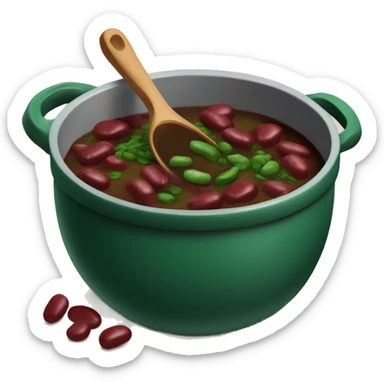 Large pot of dark green stew with red kidney beans and ladle sticker