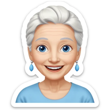 abuela con ojos azules, pelo blanco, pelo blanco y amarrado, aspecto feliz sticker