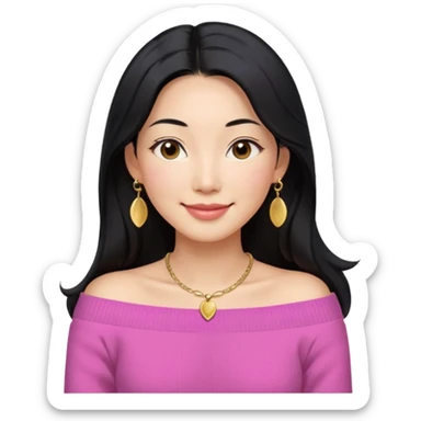 South Korean girl in her mid-thirties with long black hair with a middle part. She is wearing a pink, off the shoulder long sleeve knit sweater, extra small gold earrings and a gold necklace. She has brown eyes with narrow, mono lid shape and smiling with lips together sticker