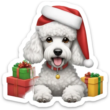 poodle dog wearing a santa hat and surrounded with presents  sticker