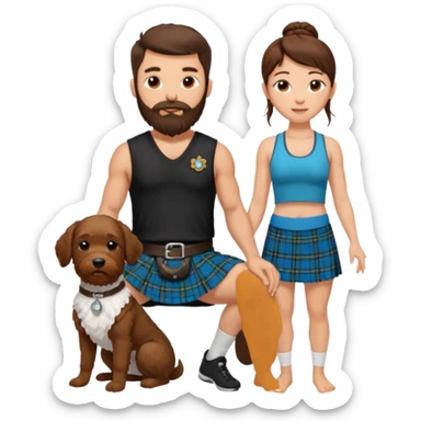 emoji of brunette man with beard wearing kilt, brunette woman in yoga outfit and white cockapoo dog sticker