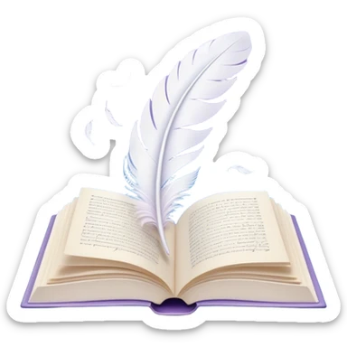 Create a delicate and poetic emoji representing poetry. The design should feature several elegantly flying pages with poetic lines written on them. The pages should appear light and flowing, almost as if being carried by the wind. Include a white feather gently resting on the pages, symbolizing creativity and inspiration. Use soft, pastel tones like light blues, purples, and creams to give it a dreamy, artistic feel. The design should feel ethereal and whimsical, capturing the essence of poetry. Make the background transparent. sticker