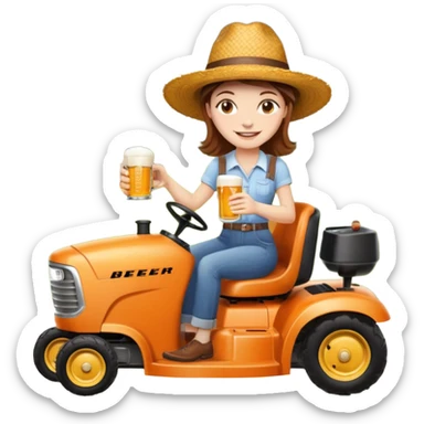 White woman with brown hair, without glasses wearing a straw hat, on old orange ride on lawn mower, holding a beer with one hand and holding the steering wheel with the other hand. Woman is smiling. Lawn mower has “Westwood” written on the engine cover sticker