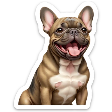 Cinematic Cute Yawning Brindle French Bulldog Portrait Emoji, Head tilted slightly with a dramatic, wide-open yawn, showcasing a sleek brindle coat with subtle fawn highlights, floppy ears slightly drooping, round dark eyes barely open in drowsy contentment, Simplified yet irresistibly adorable features, highly detailed, glowing with a soft, cozy glow, high shine, relaxed yet expressive, stylized with a touch of whimsy, bright and endearing, soft glowing outline, capturing the essence of a sleepy yet affectionate companion, so drowsy it feels like it could stretch out of the screen and curl up for a nap! sticker