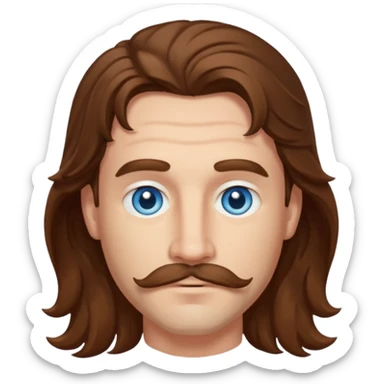 Benson Boone (b.2002) with blue eyes, brown long wavy hair and thin mustache sticker