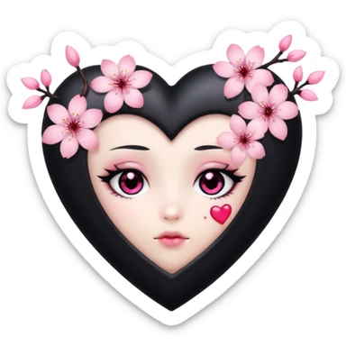 goth sakura heart, black heart with pink cherry blossom petals, cute and dramatic sticker