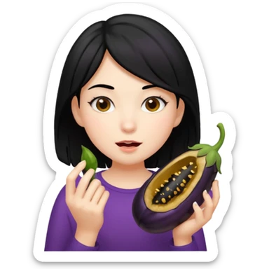 girl black hair eating a black hairy eggplant sticker