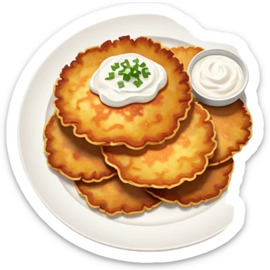 Cinematic Realistic Placki Ziemniaczane Dish Emoji, depicted as crispy potato pancakes served with sour cream rendered with vivid textures and warm, appetizing lighting. sticker