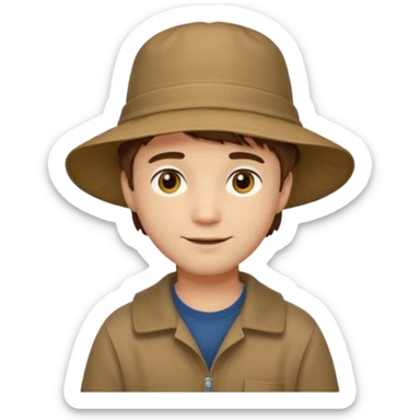 A light-skinned man with short brown hair, golden-brown eyes, and a soft smile, wearing a wide-brimmed brown bucket hat. sticker