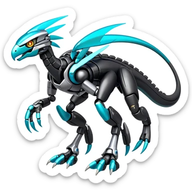 Shiny Futuristic Celestial Glossy-Metallic-Alloy Cyborg-Fakemon-Pokemon-Digimon-Spectrobes-Raptor-fusion, full body, four legs, black body, cyan accents, scales sticker