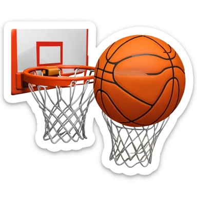 A close-up shot of a basketball entering the hoop, with the ball swishing through and inside  the basket. The background features a blurred basketball court, emphasizing the perfect shot and the excitement of the game. sticker
