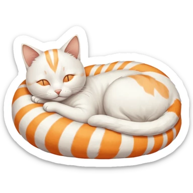 A white cat, curled up and asleep. Its fur has very faint orange stripes on the back and tail. sticker