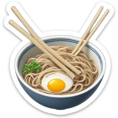 bowl of japanese buckwheat soba noodles with two chopsticks without egg sticker