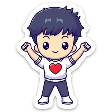 Black-haired male idol with arms forming heart shape above head, arms curved in heart outline, K-pop style sticker