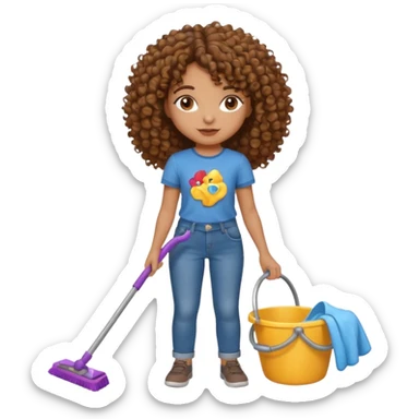 brown girl with curly hair cleaning toys off the floor sticker