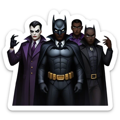 Icon for Thriller Movies: A large, dramatic collage featuring sinister villains in dark clothing. The background shows the gloomy cityscape of Gotham, with dim lighting and eerie shadows. The atmosphere should be tense, mysterious, and suspenseful. Transparent background. sticker