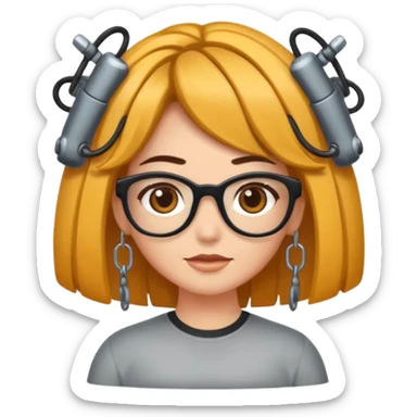 Uma garota de cabelos encaracolados compridos e mechas bem loiras, com pele morena  e óculos sticker