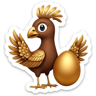 A 3D cartoon Sankofa bird with its head gracefully turned backward holding a golden egg in its beak, symbolizing learning from the past, single bird in frame, gold and brown tones, clean black background, Memoji-style rendering sticker