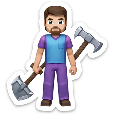 Steve from Minecraft, character with blue shirt and purple pants, holding a pickaxe sticker